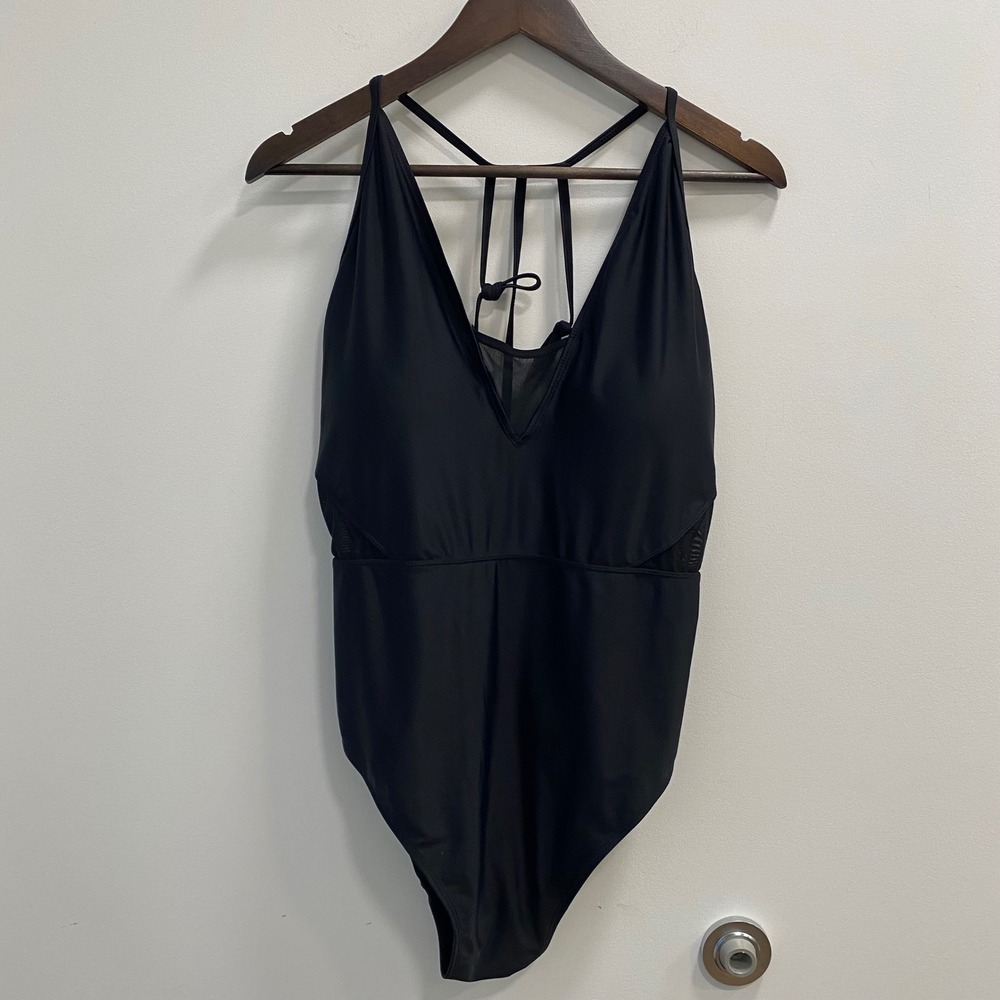 Dorothy Perkins Swimsuit Women US 16 Black Mesh Strappy V-Neck One Piece Chic
